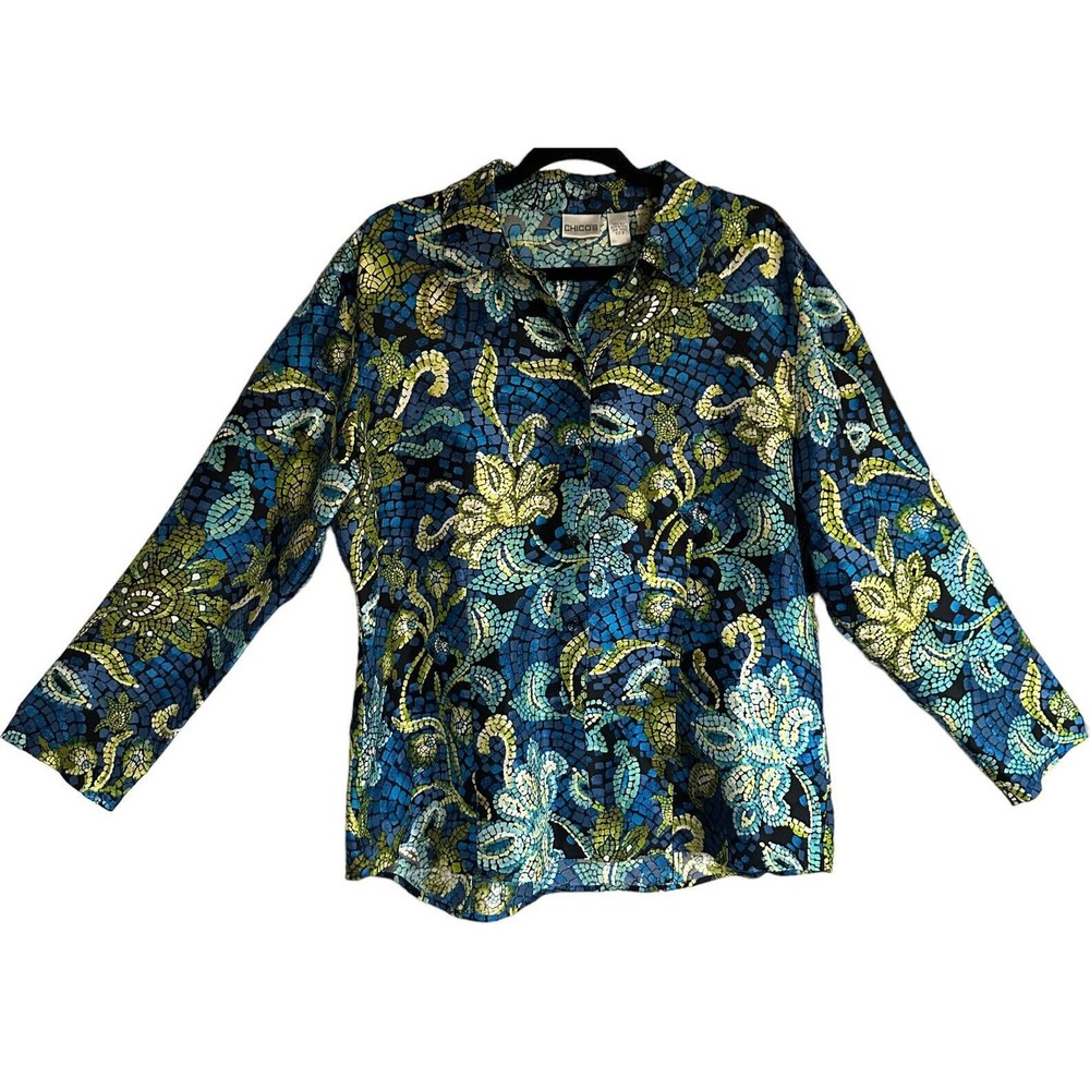 Chicos 100% Silk Turtle Floral Mosaic Button Up Top Sz XL Art To Wear Ocean Sea